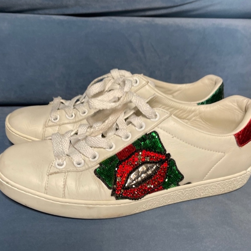 Gucci White Leather Embellished Lip Ace Sneakers Size 35